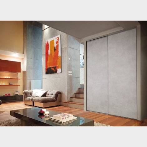 Porte de placard coulissante 2 vantaux profil alu decor gris toile mineral BATIMAN