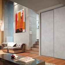 Porte de placard coulissante 2 vantaux profil alu decor gris toile mineral BATIMAN